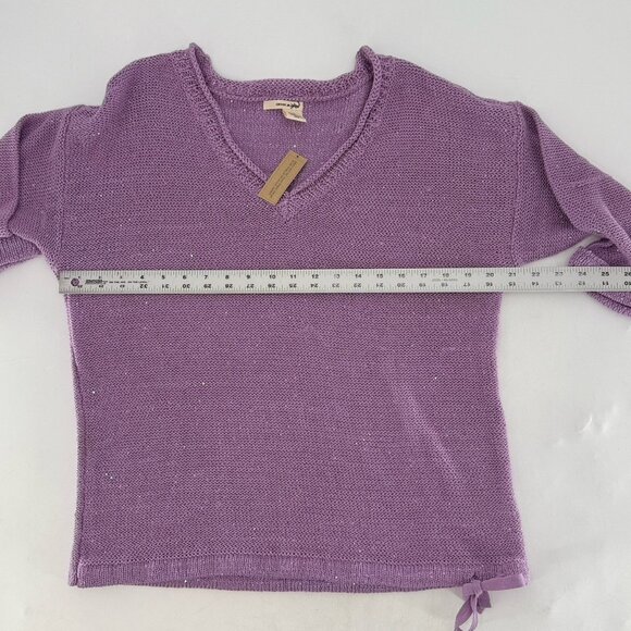 DKNY V-Neck Knit Purple Shimmery Pullover Sweater Size M Preppy Bottom Tie Flaw - Picture 11 of 11